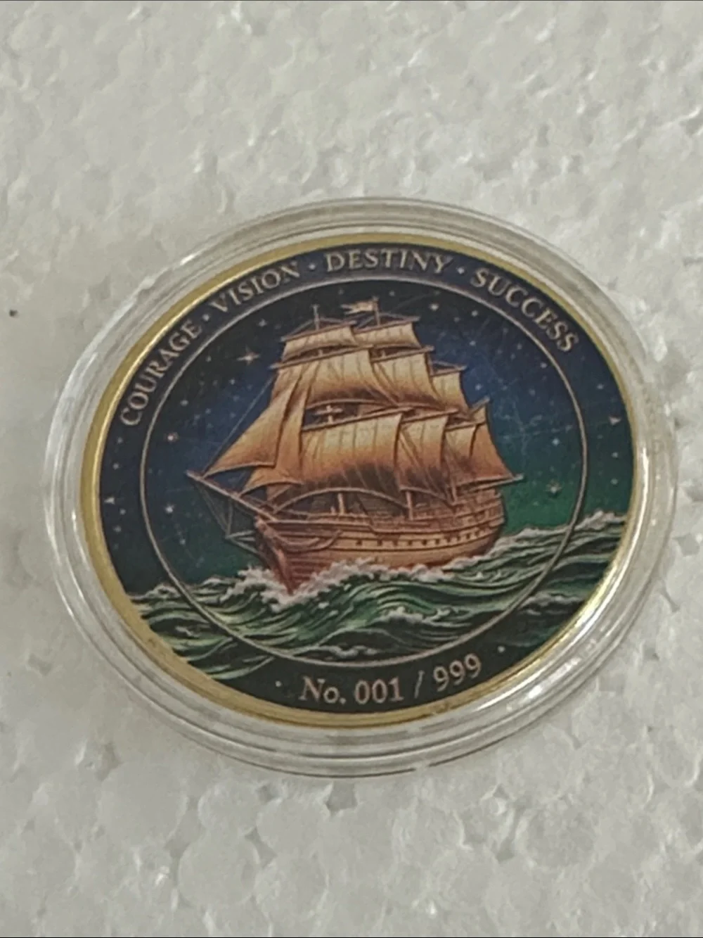 Collectible Nautical Coin - Green & Gold Ship Design